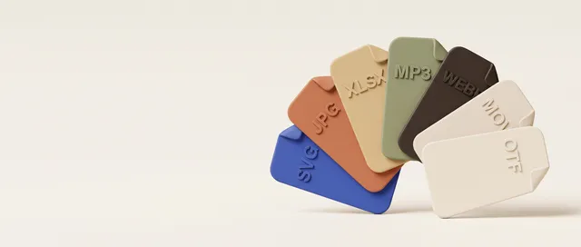 File cards labelled SVG, JPG, XLSX, MP3, WEBP, MOV and OTF fanned out like a hand of cards